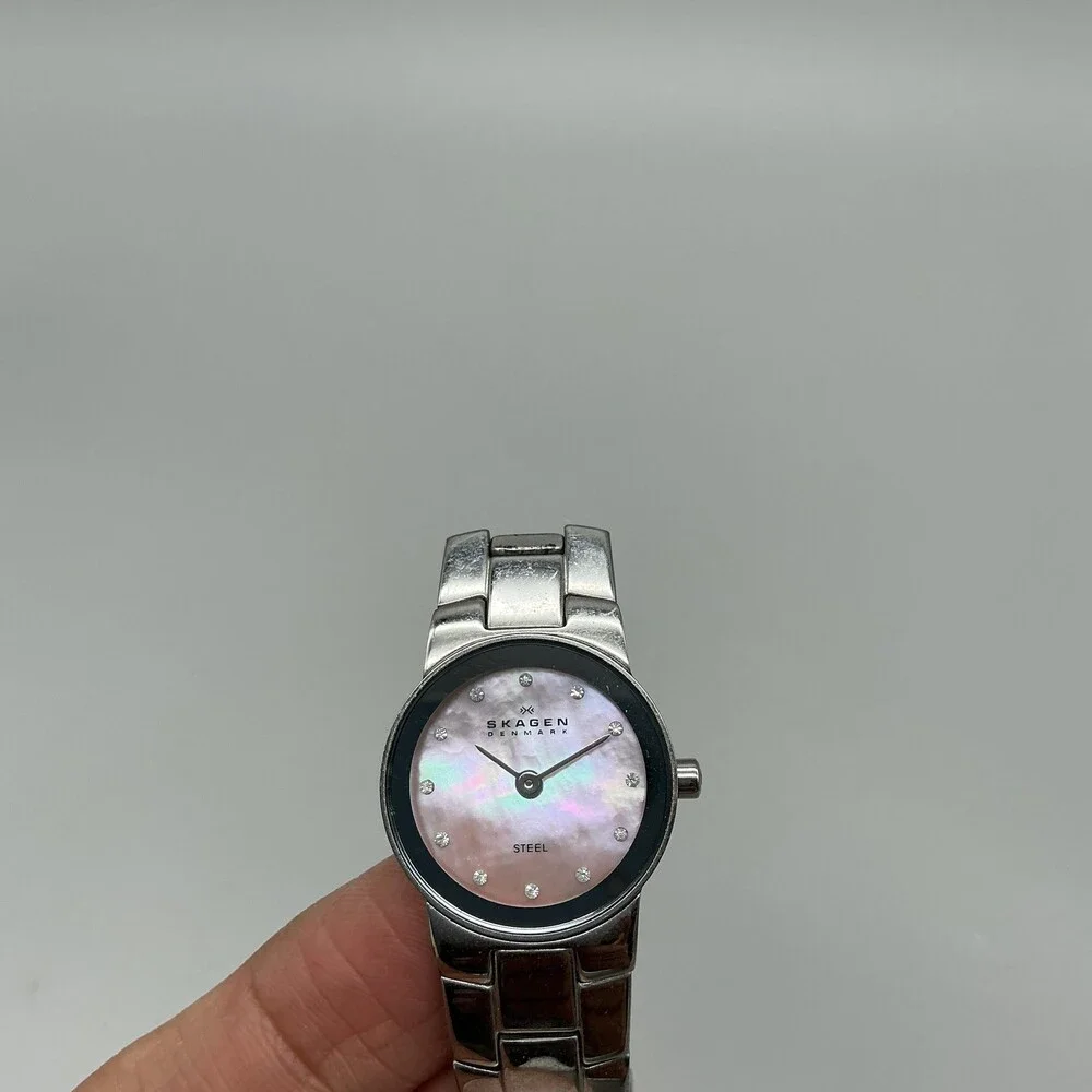 Skagen Womens Watch 22mm Pink MOP Dial Stainless Crystals New Battery 6